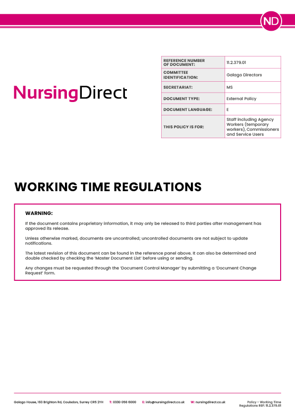 Nursing Direct Policy Working Time Regulations