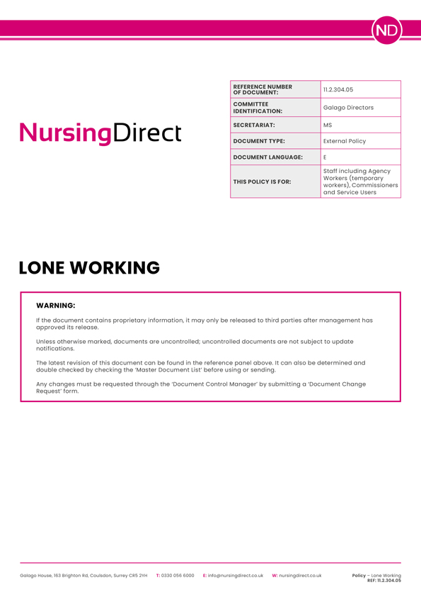Nursing Direct Policy Lone Working