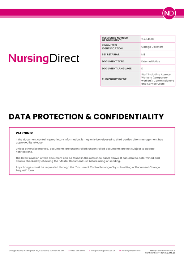 Nursing Direct Policy Data Protection and Confidentiality