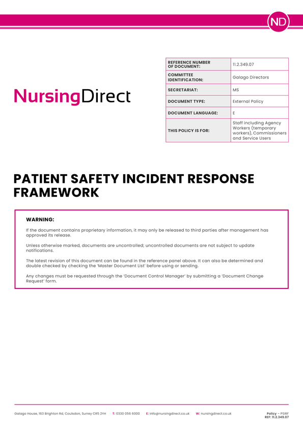 Nursing Direct Policy Patient Safety Incident Response Framework