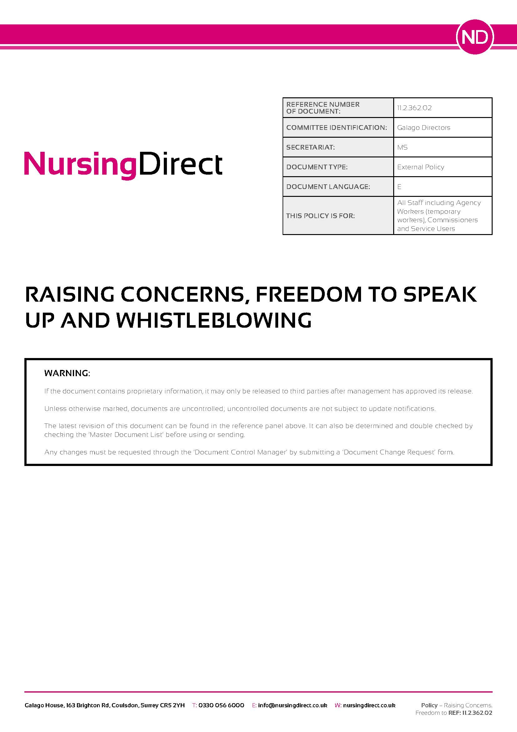 Policy Raising Concerns Freedom to Speak Up and Whistleblowing