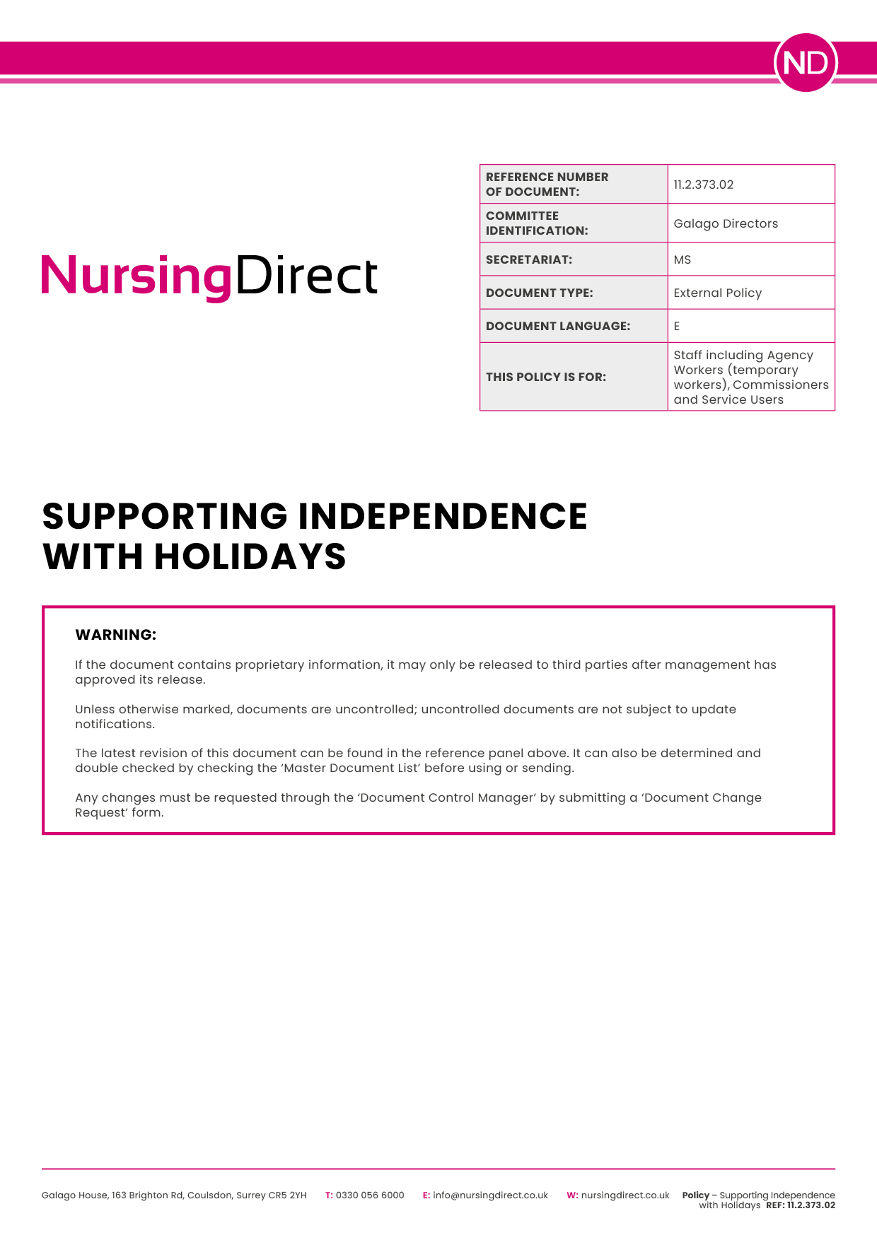 Nursing Direct Policy Supporting Independence with Holidays