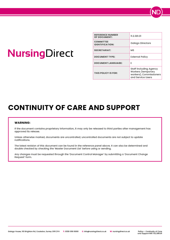 Nursing Direct Policy Continuity of Care and Support
