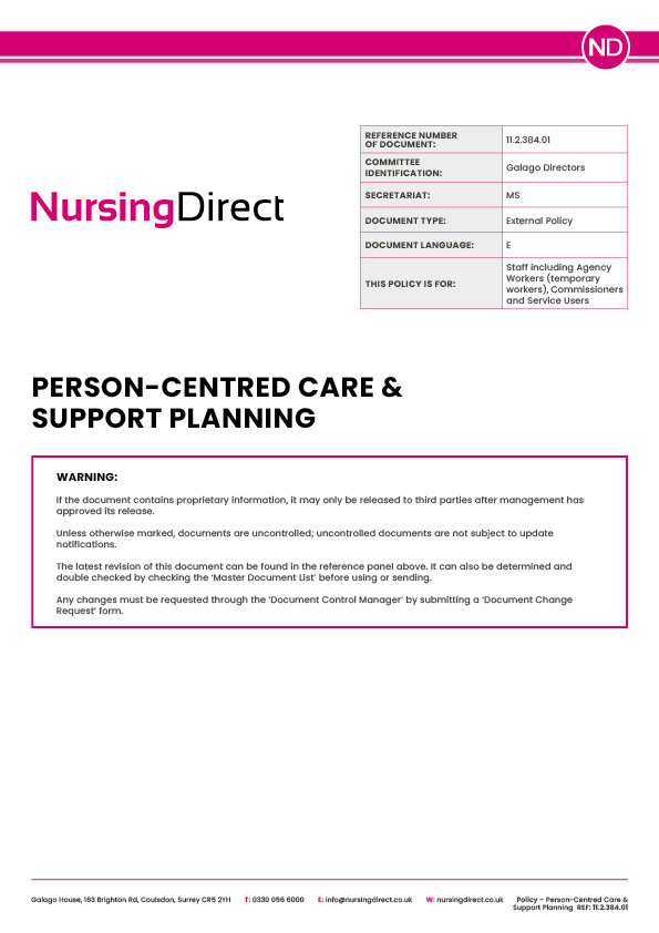 Nursing Direct Policy Person Centred Care and Support Planning