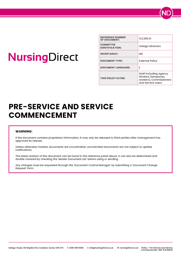 Nursing Direct Policy Pre Service and Service Commencement
